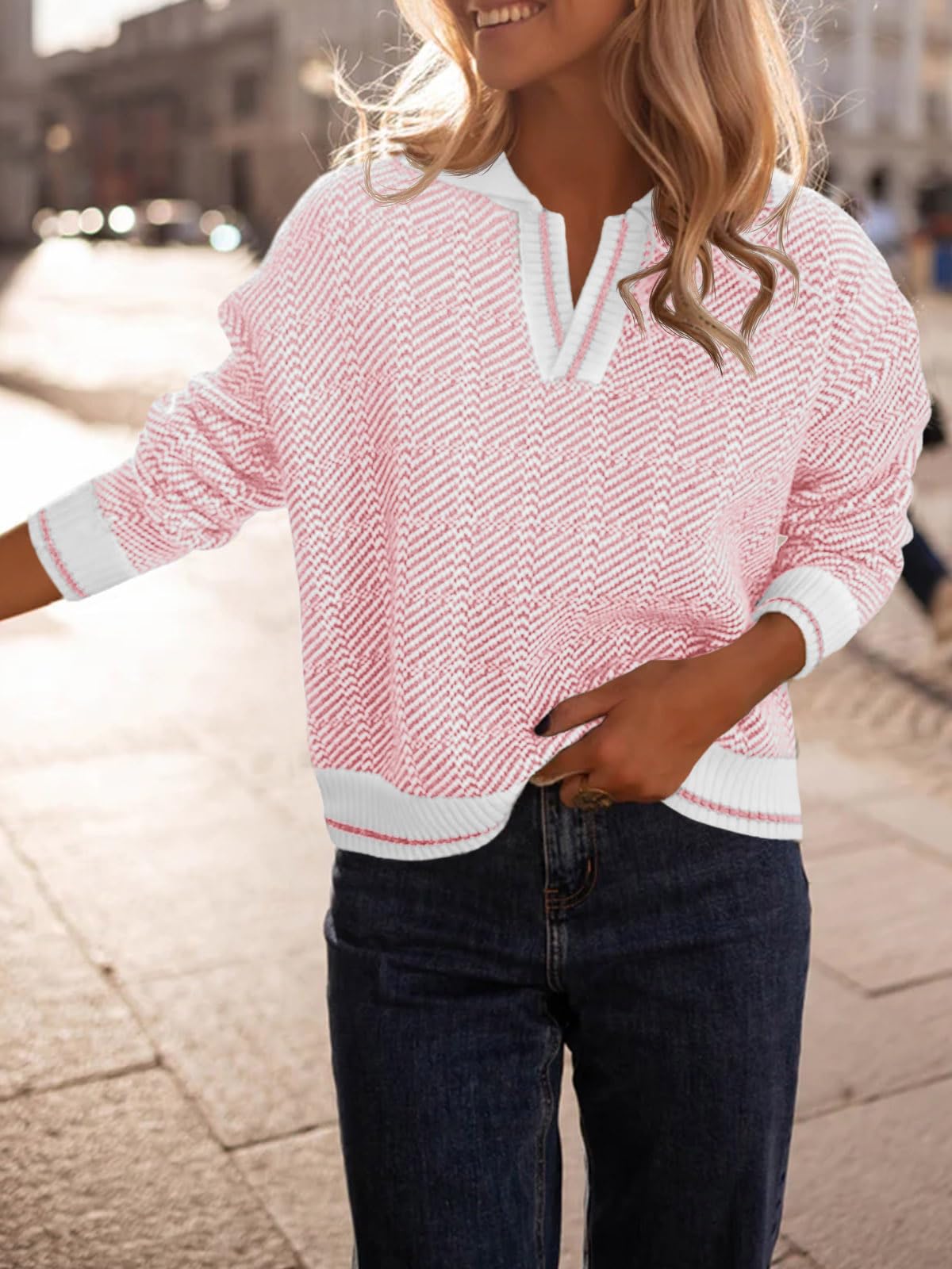 Saodimallsu Womens Fall Sweaters Tops Lapel V Neck Knit Color Block Shirt