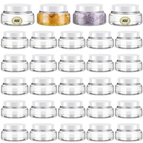 Tessco 24 Pack Plastic Jars with Lids Labels Plastic Containers Round Refillable Cosmetic Containers Empty Body Butter Jars Sugar Scrub Containers for Cosmetics (White,5 oz)