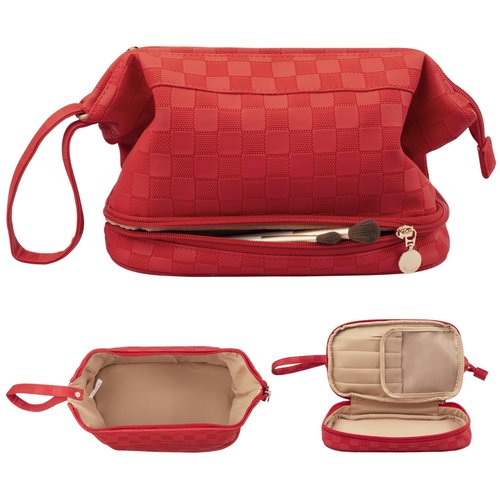 Abiudeng Large Makeup Bag,Waterproof Cosmetic Bag,Make up Travel Bag Essentials,Cute Travel Toiletry Bag for Women Makeup Bag Organizer with Bottom Pouch,Red Travel Size Toiletries Bag for Women