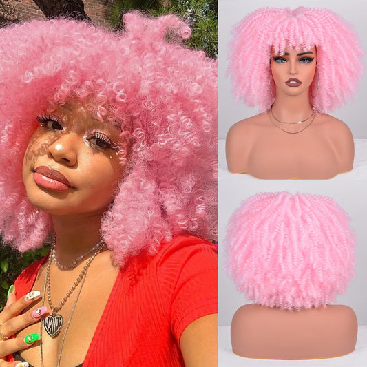Vitorish Afro Kinky Curly Wig with Bangs 12 Inches Synthetic Full Wigs about 280g/Piece Heat Resistant Short Kinky Curly Wigs for Daily Party Cosplay Pink Wig