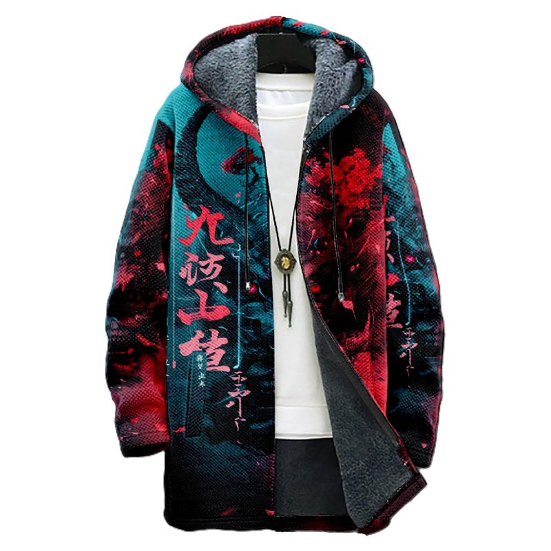 domirica Oni Demon Mask Hoodie Japanese Style Retro Y2K Oni Demon Mask Graphic Long Sleeve Winter Warm Zip UpHooded Long Sweatshirt Fleece Sherpa Lined Novelty Big And Tall Heavyweight Jacket,2XL