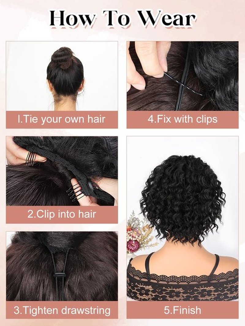 SUZYACCKR Wavy Curly Ponytail Extension, 8 Inch Natural Black Short Soft Natural Synthetic Hairpiece Thick Drawstring Ponytail for Black Women for Daily Use