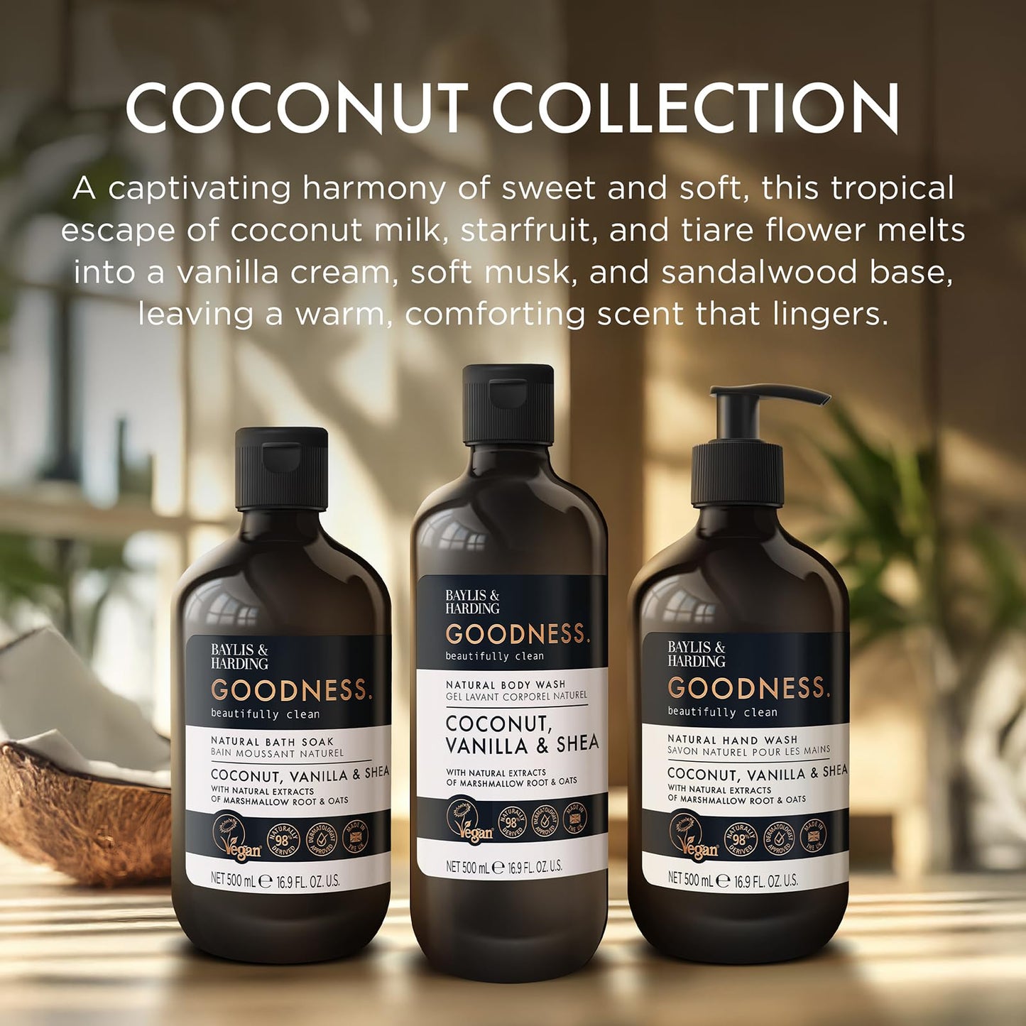 Baylis & Harding Goodness Coconut, Vanilla & Shea Natural Body Wash 16.9Fl.oz, Pack of 3 - Biodegradable Formula