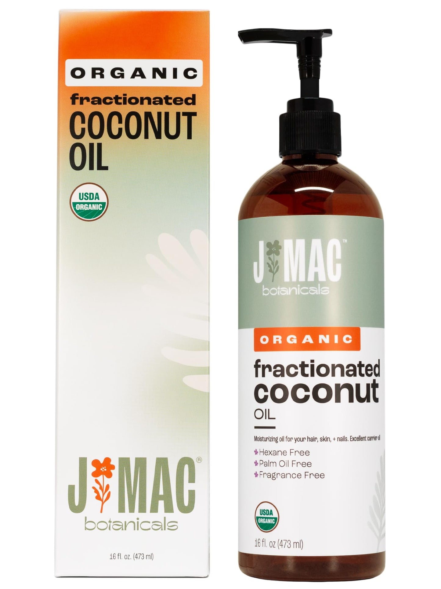 J Mac Botanicals, Organic Fractionated Coconut Oil (16 oz. with a Pump) Carrier Oil for diluting Essential Oils, Leave in Conditioner for Dry Damaged Hair, Skin, Massage