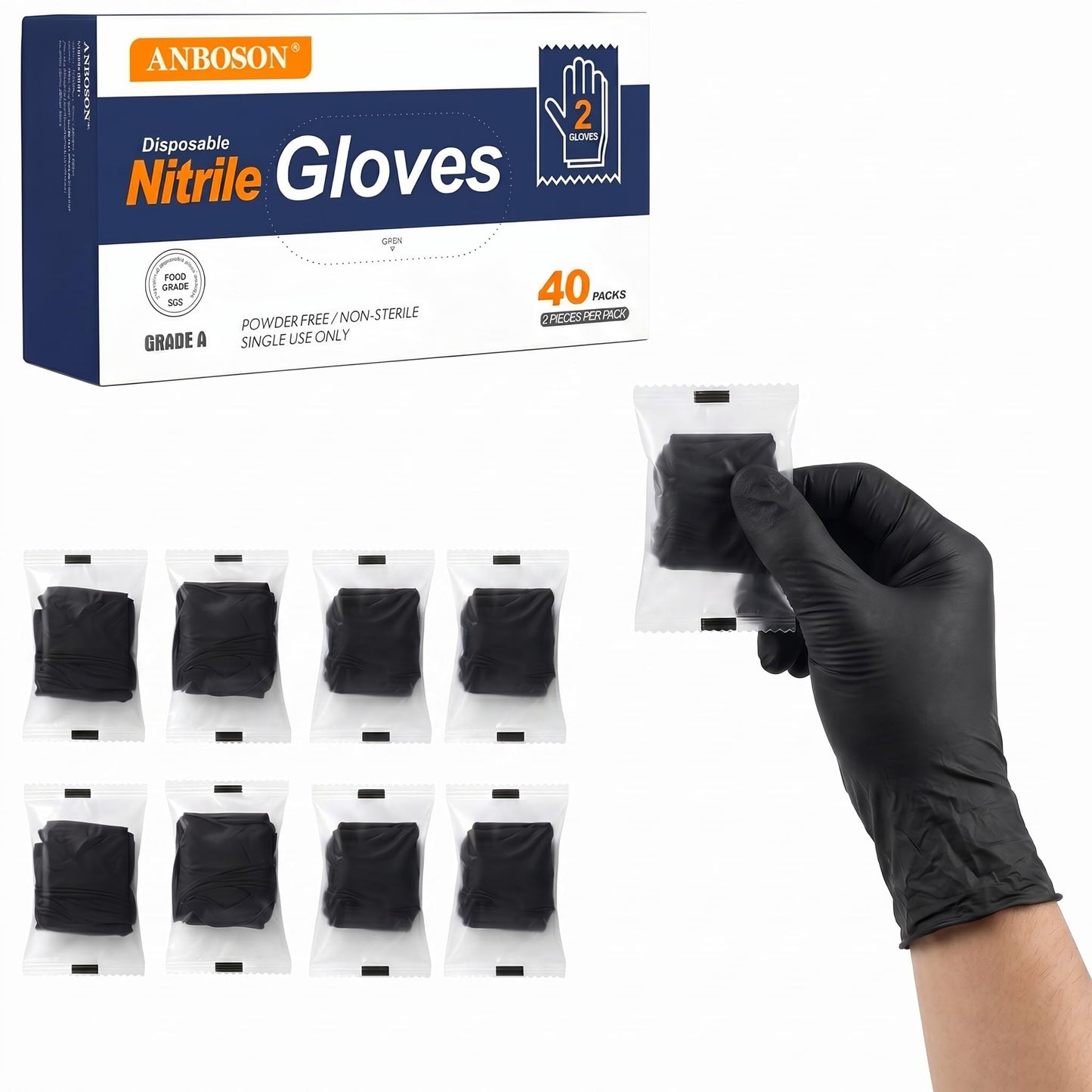 ANBOSON Individually Wrapped Black Disposable Nitrile Gloves, 40 Pairs