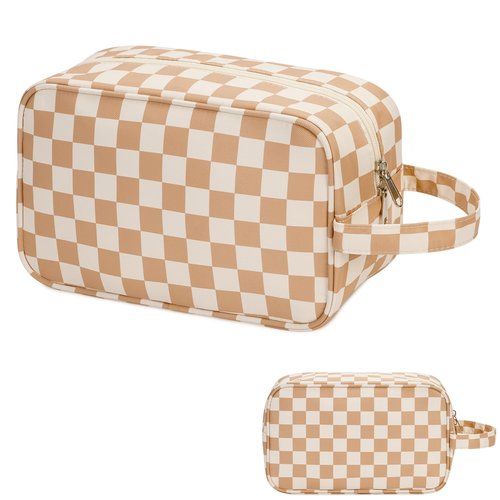 Narwey Travel Toiletry Bag for Women Traveling Dopp Kit Checkered Makeup Bag Organizer for Toiletries Accessories Cosmetics (Light Brown Checkerboard)