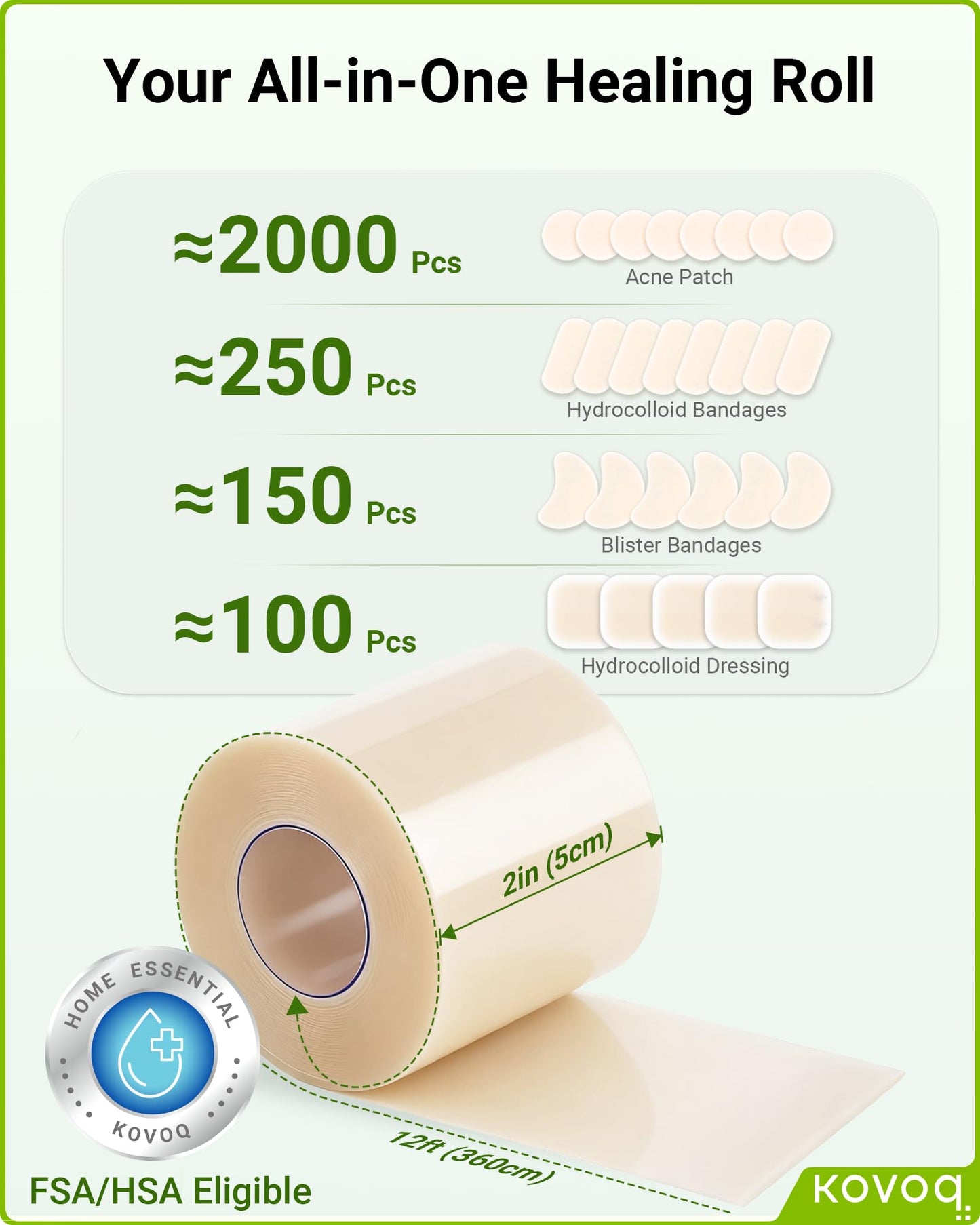Hydrocolloid Roll Bandages for Wound Care, Kovoq Medical Grade Hydrocolloid Pimple Patches Tape Sterile and Waterproof, with DIY Size & Shape Tools Scissor and Tweezer (2in * 12ft)