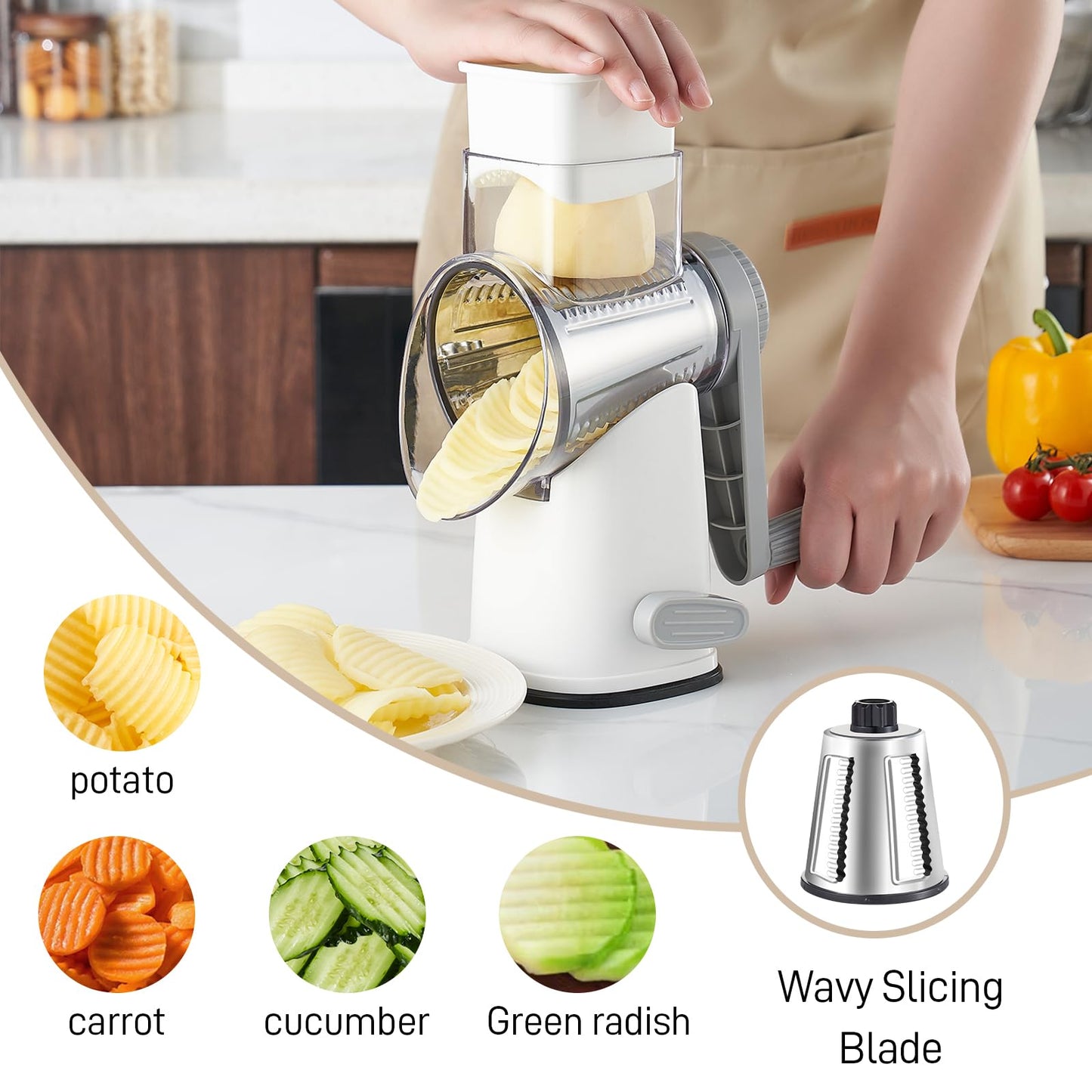 Weltonhm Rotary Cheese Grater with 4 Blades, Hand Crank Cheese Grater with Waffle Slicer, Black and White Cheese Slicer with Suction Base, Easier for Shredding& Grating (White and Grey, 4 Graters)