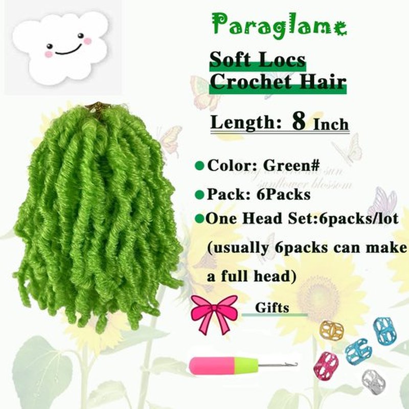 Green Soft Locs 8 Inch New Faux Locs Crochet Hair 6 Packs for Kids, Curly Wavy Pre-looped Short Goddess Locs Crochet Hair Extensions Natural Wave Braids for Black Women(8Inch, 6Packs)