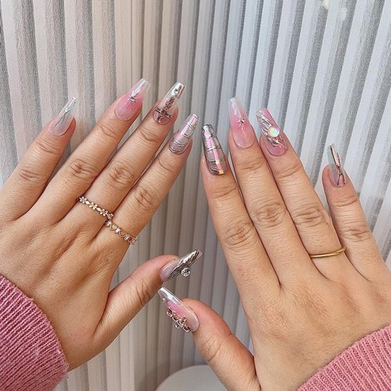 GlimightyX 3D Handmade Press On Nails Medium, Y2K Cyber Pink Chrome Press On Nails with Nail Glue, Reusable UV Gel Cured Sturdier Fake Nails, Size XS 10 Nail Kit,Baby Chrome
