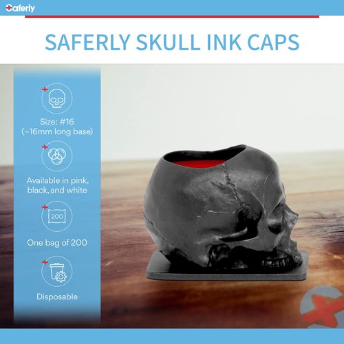 Saferly Skull Tattoo Ink Caps Cups for Tattooing, Disposable Pigment Holder with Base, Microblading Permanent Makeup Tattoo Supplies, Size #16 Large, Bag of 200, Black