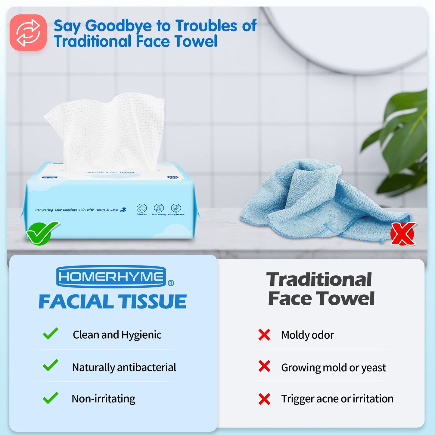 HOMERHYME Face Towels, 600 Count Disposable Biodegradable Face Towel, Lint- free Makeup Remover Dry Wipes, Multi-Purpose Face Washcloths for Washing Face, Sensitive Skin & Travel
