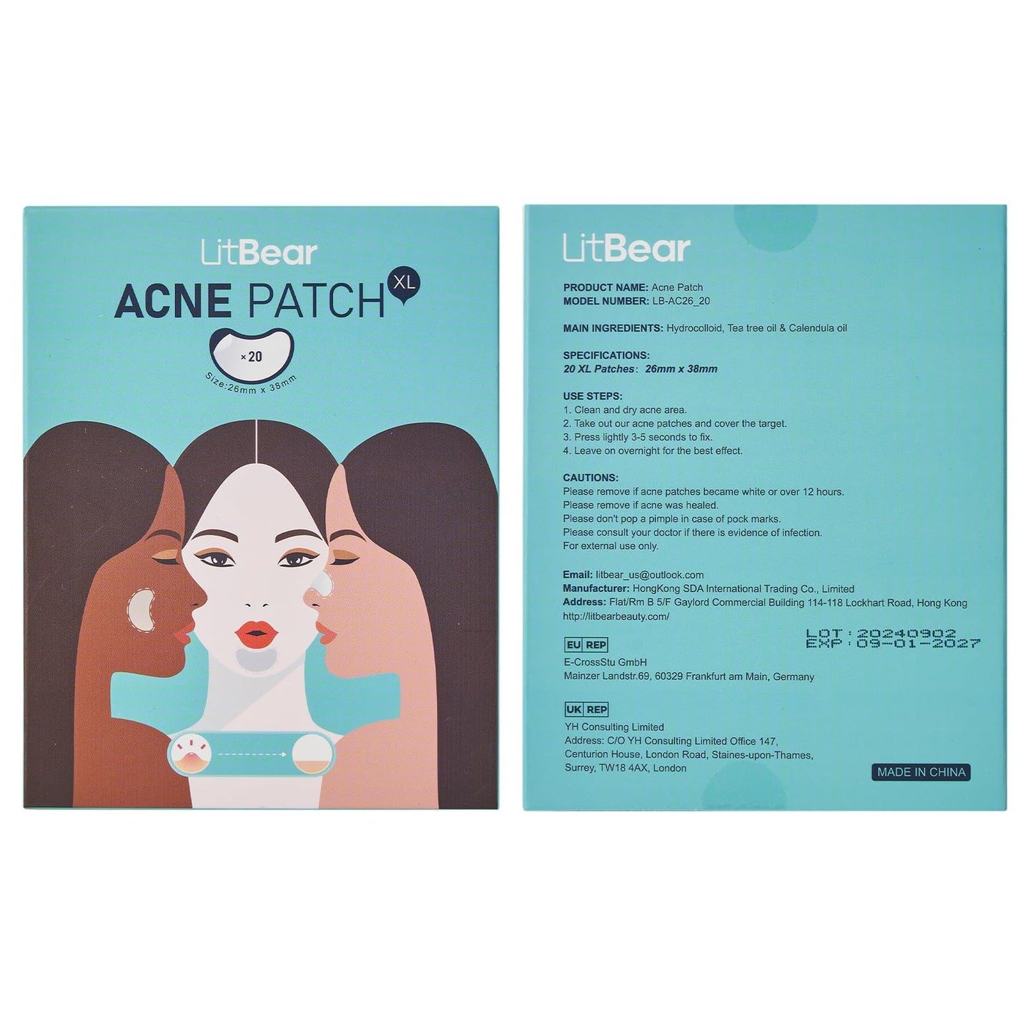 LitBear Acne Patches for Large Breakouts, Hydrocolloid Pimple Patches for Zit and Blemish, Face, Chin, Back and Body With Tea Tree Oil