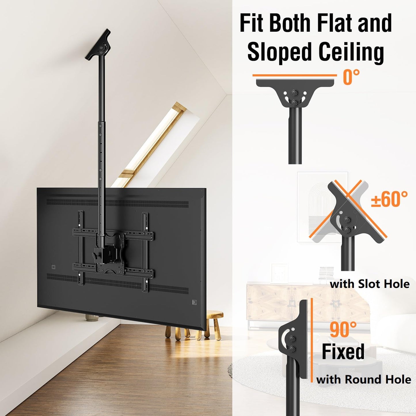 Ceiling TV Mount for 37"-75" TVs Height Adjustable, 360° Swivel Full Motion
