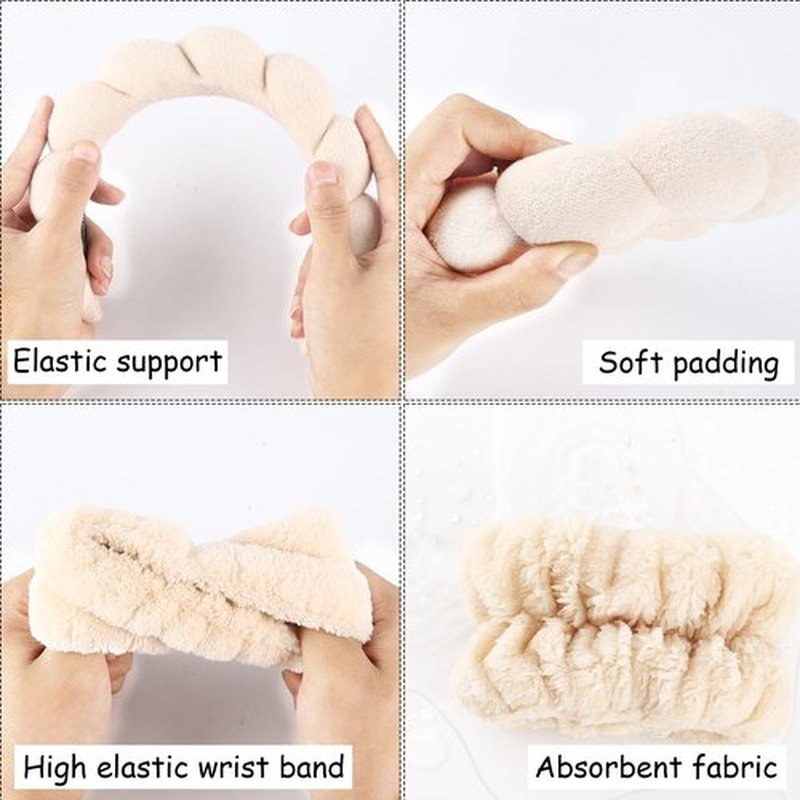 Zkptops Spa Headband for Women Sponge Makeup Skincare Headband Washing Face Wristband Set Terry Cloth Bubble Soft Get Ready Hairband Puffy Padded Headwear Non Slip Thick Hair Accessory (Apricot)