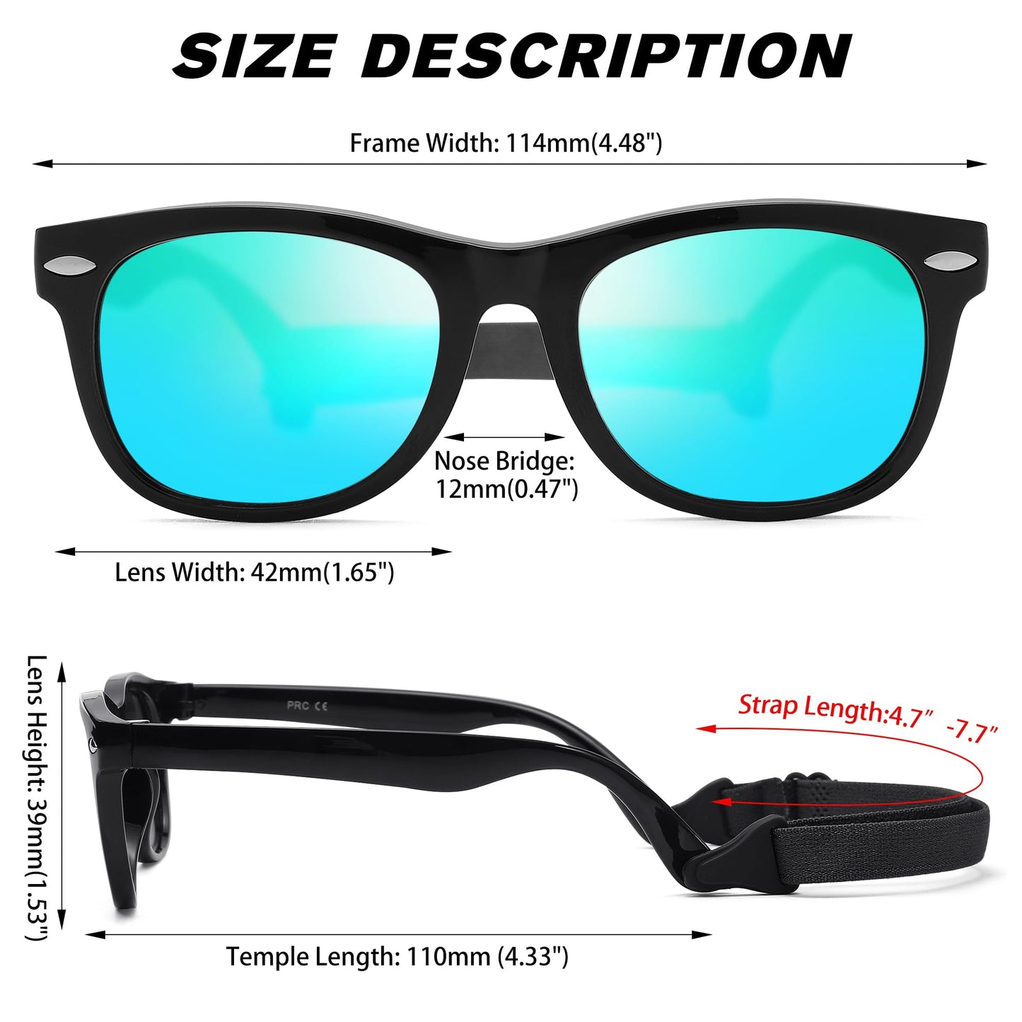 LIU·WEN Cute Polarized Baby Sunglasses - Bendable Flexible with Strap for Newborn Infant Boys Girls Age 0-24 Months(Bright Black/Blue Mirror)