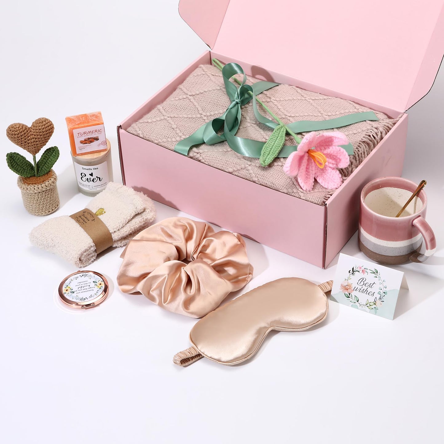 Christmas & Birthday Gifts for Women, Self Care Gift Basket Get Well Soon Care Package - Luxury Spa Set with Knitted Blanket, Fuzzy Socks, Mug, Candle, Scrunchie for Her, Mom, Best Friend