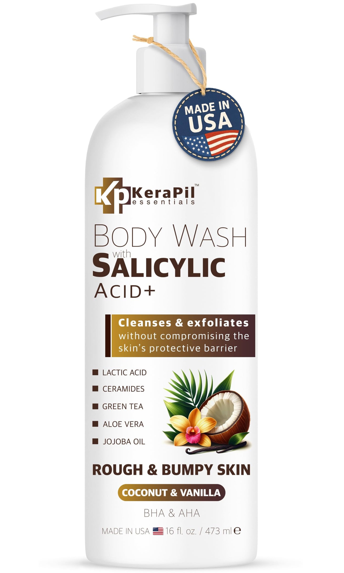 KERAPIL Exfoliating Body Wash, Coconut and Vanilla, 16 fl oz