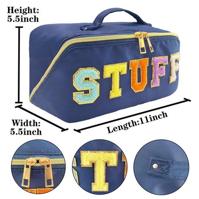 Stoney Clover Dupes Preppy Makeup Bag Blue Stoney Clover Stuff Bag for Travel Chenille Letter Bag Large Capacity Travel Cosmetic Bag Nylon Pouch Lay Flat Makeup Bag Open Flat Varsity Letter Bag