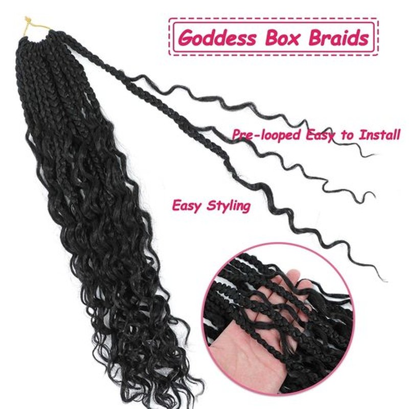 Goddess Box Braids Crochet Hair 14 inch 8Packs Pre Looped Boho Box Braids Braiding Hair Curly Ends Bohomian Crochet Box Braids (1B#, 14 inch)