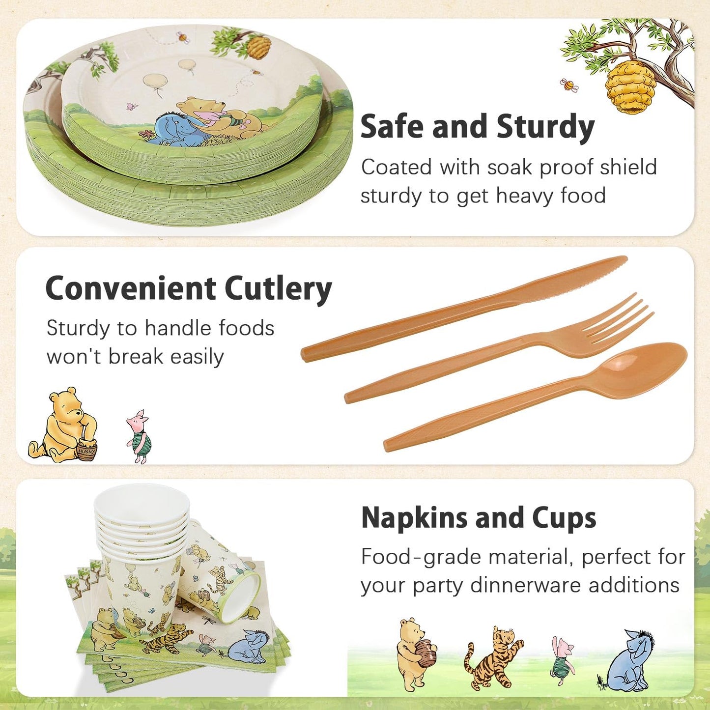 Winnie Birthday Decorations Plates Set, 175PCS Classic Winnie Happy Birthday Plates Cups Napkins Cutlery for 25 Guests