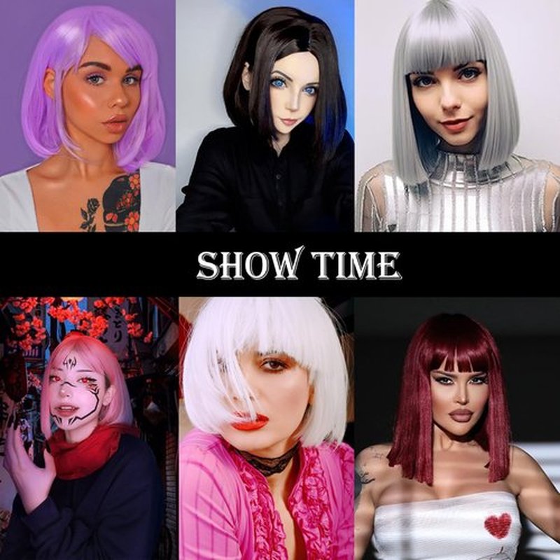 Pink Bob Wig with Bangs Short Pink Straight Wig for Women Heat Resistant Synthetic Natural Hair Wig Colorful Bob Wigs for Grils Daily Party Halloween Cosplay Use 13inch