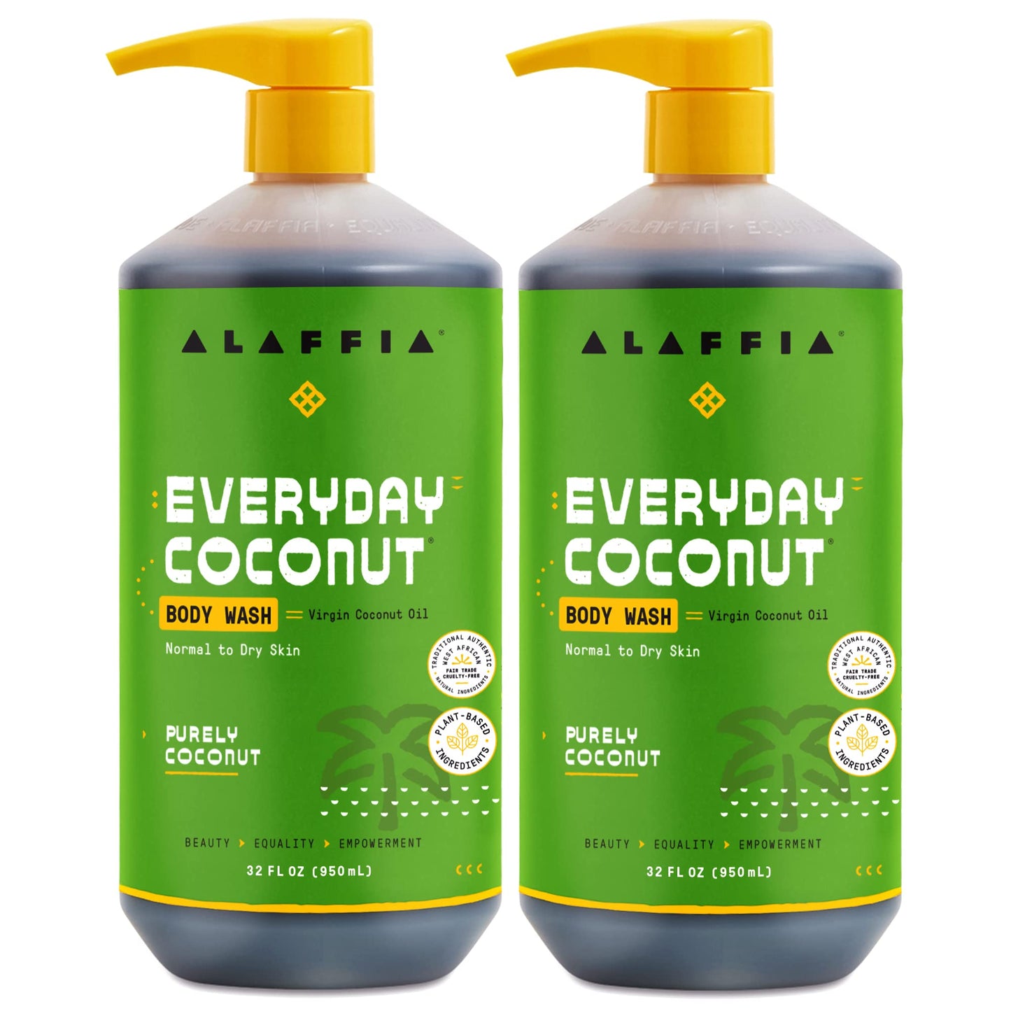 Alaffia Body Wash, EveryDay Coconut 2-Pack – Purely Coconut Gentle Skin Cleanser for Normal to Dry Skin, 32 Oz Ea