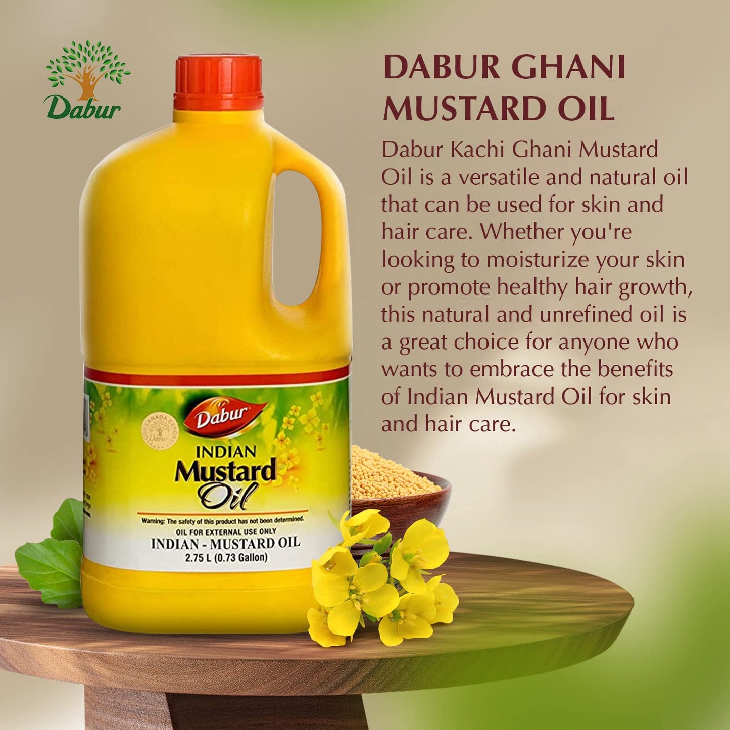 Dabur Kachi Ghani Mustard Oil - Unrefined Therapeutic-Grade Oil from Mustard Seeds for Skin, Hair Care, and Body Massage, Cold-Pressed (2750 ml)