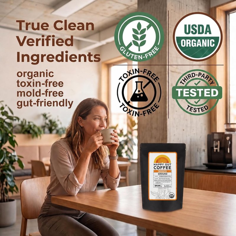 Happy Gut Coffee - Organic Medium-Dark Roast Coffee for Gut Health - 12oz Ground | Smooth Flavor, Gluten-Free
