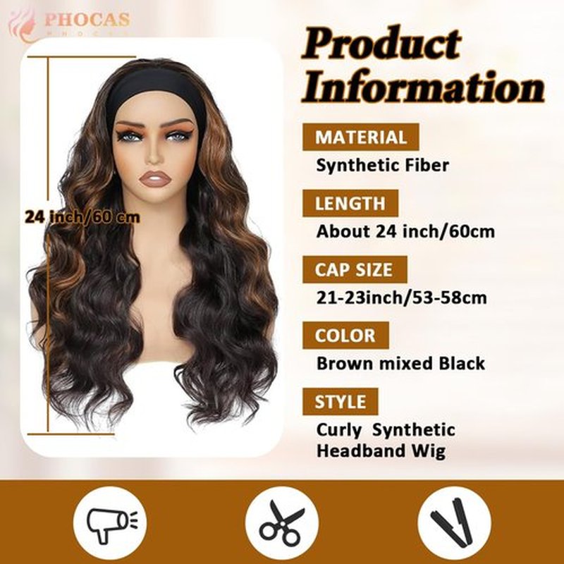 PHOCAS Curly Headband Wig Highlight Brown Headband Wigs 23‘’/58cm Synthetic Headband Wig for Women Daily Use