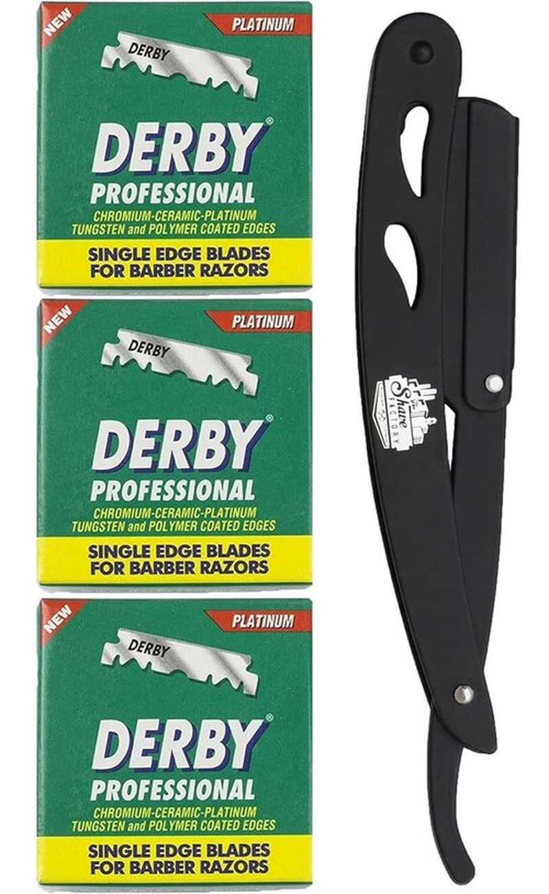 The Shave Factory Straight Edge Razor Kit (Black / 300 Derby Professional Single Edge Razor Blades)