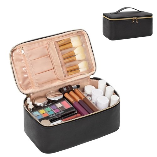 OCHEAL Makeup Bag, Travel Makeup Bag Organizer Waterproof Cosmetics Make Up Bag,Toiletry Bag for Women,Large Capacity for Girls Daily Use Dorm Room Storage with Brush Comparment Dividers -Black