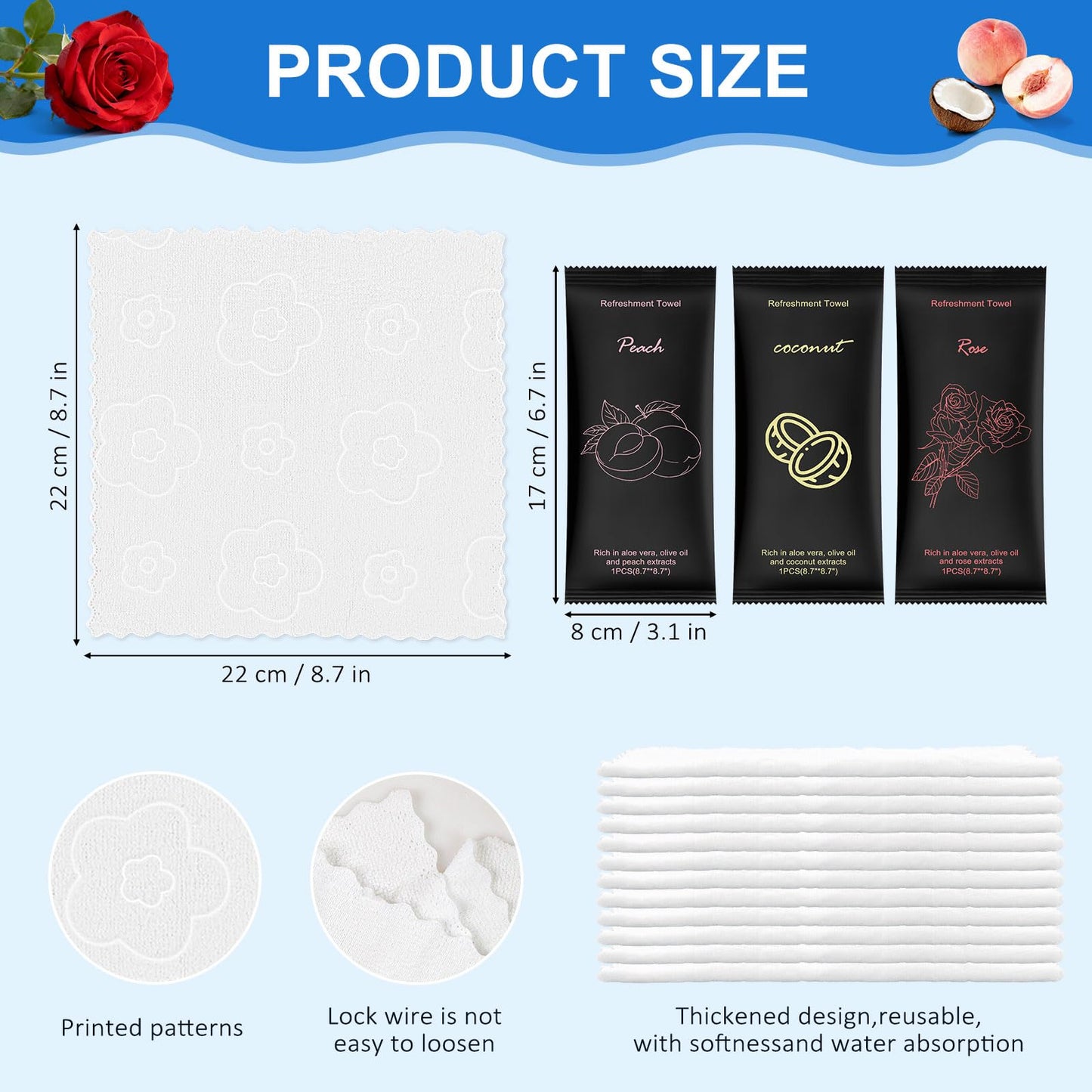 Moist Cotton Towel Bulk Moist Towelettes Individually Wrapped 8.7" x 8.7",White Towel Services,Refreshment Pre Moistened Towels Peach,Rose and Coconut for Sport Party Spa