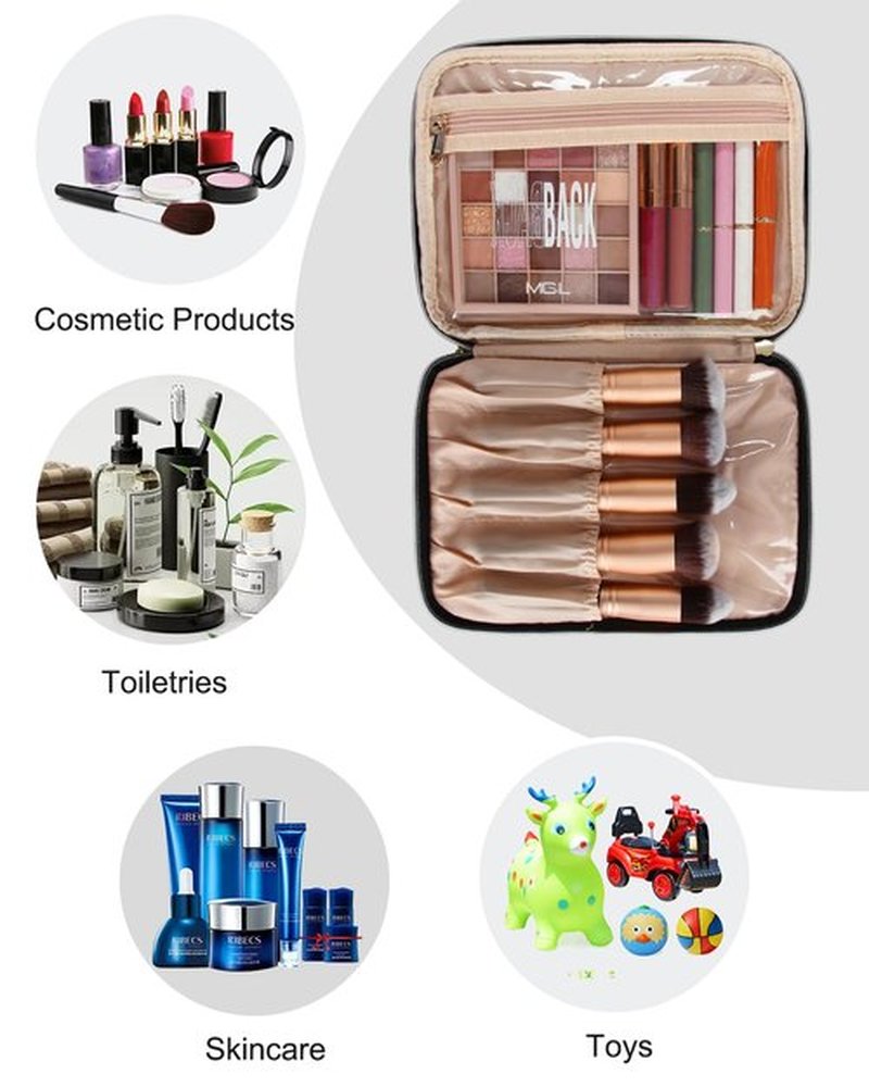 Black Makeup Bag, Travel Makeup Bag Cosmetic Bag, Makeup Brush Holder Organizer with Dividers, Travel Makeup Case for Women, Large Toiletry Bag Cosmetic Case, Black