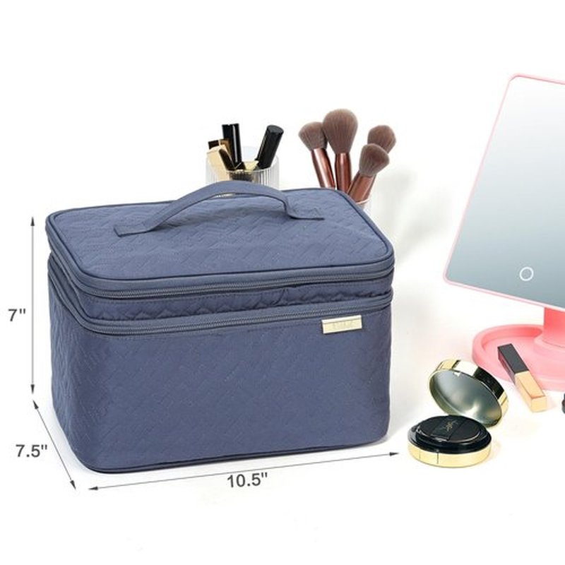 NISHEL Large Double Layer Travel Makeup Bag Women, Large Cosmetic Case, Organizer for Travel-Size Accessories Bottles, Brushes, Conditioner, and Skin Care Products, Aegean-Blue