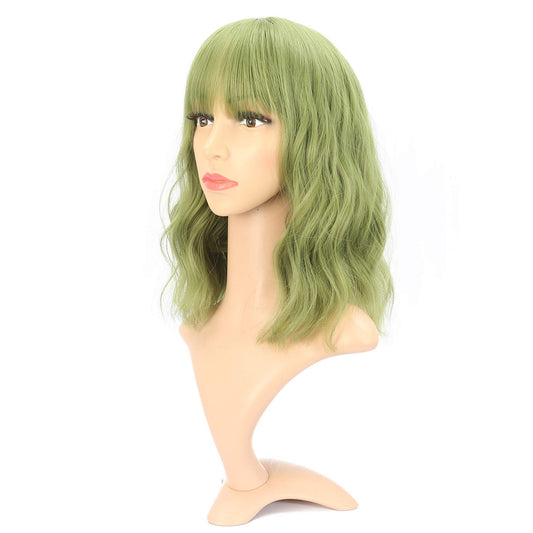 VCKOVCKO Natural Wavy Wig With Air Bangs Short Bob Matcha Green Wigs Women's Shoulder Length Wigs Curly Wavy Synthetic Cosplay Wig Pastel Bob Wig for Girl Colorful Wigs(12", Matcha Green)