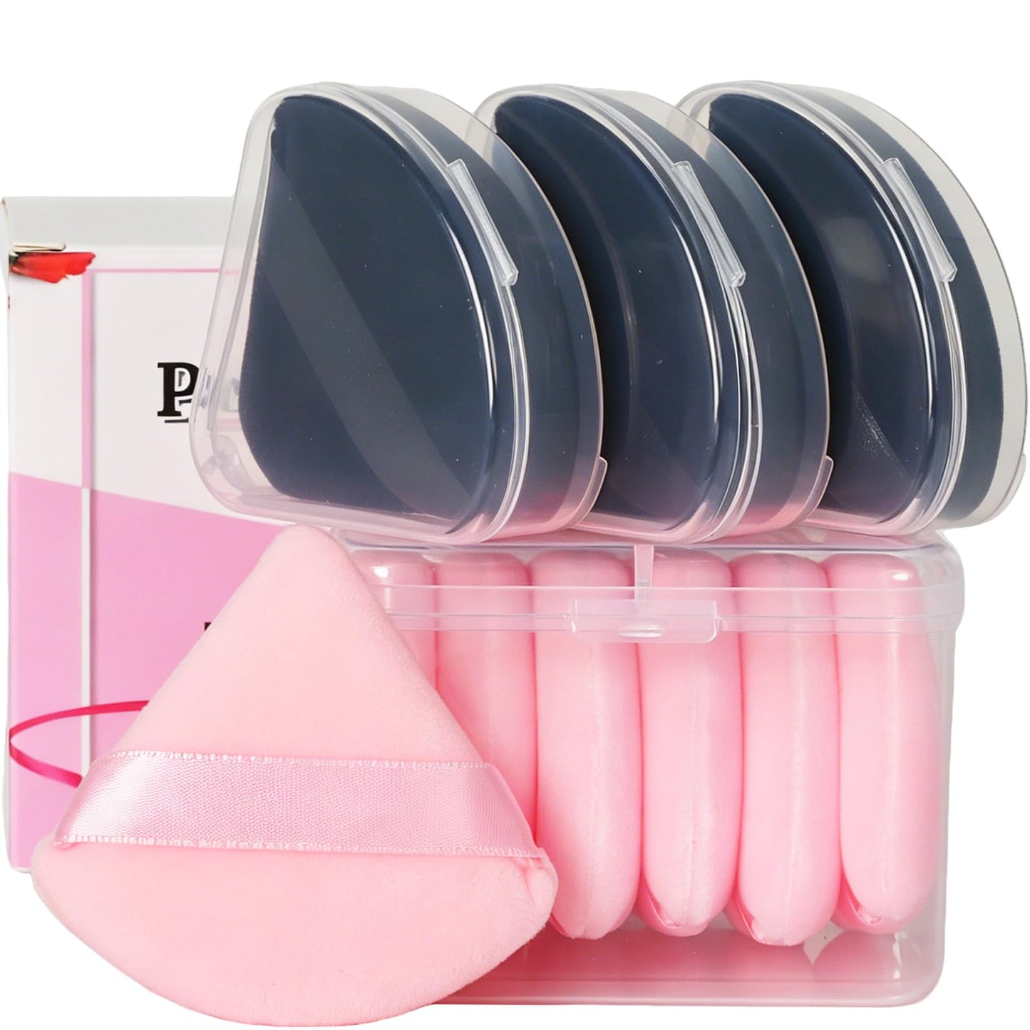 Ocim 10Pcs Powder Puffs for Face Powder,Soft Velour Triangle Beauty Puff,Makeup Pressed,Baking & Setting Powder Sponge Applicator Pads with Case,Black&Pink
