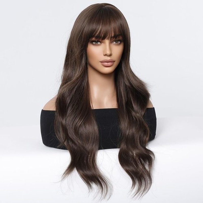 BERON 26 Inches Brown Wig Long Wavy Wig Brown Wig with Bangs Synthetic Wig Long Wig Brown Wigs for Daily Party with Wig Cap