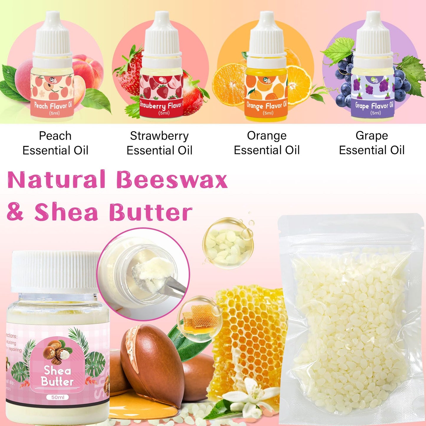 WhizToys DIY Lip Balm Making Kit for Adults to Make Your Own Moisturizing Lip Balms with Natural Beeswax, Lip Base Oil, Essential Oil, Empty Lip Balm Tubes，Birthday Christmas Gift