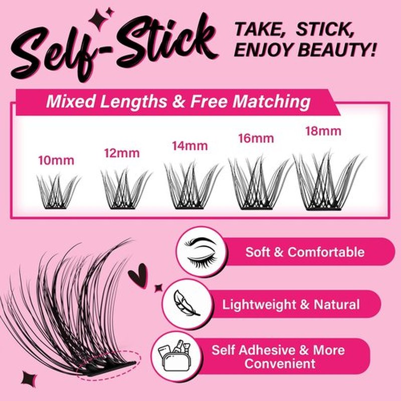 Self Adhesive Eyelashes 48Pcs Lash Clusters Self Stick Lashes Reusable Self-adhesive Lashes No Glue Cluster Lashes Easy for Use(Lotus,D-10-18mix)