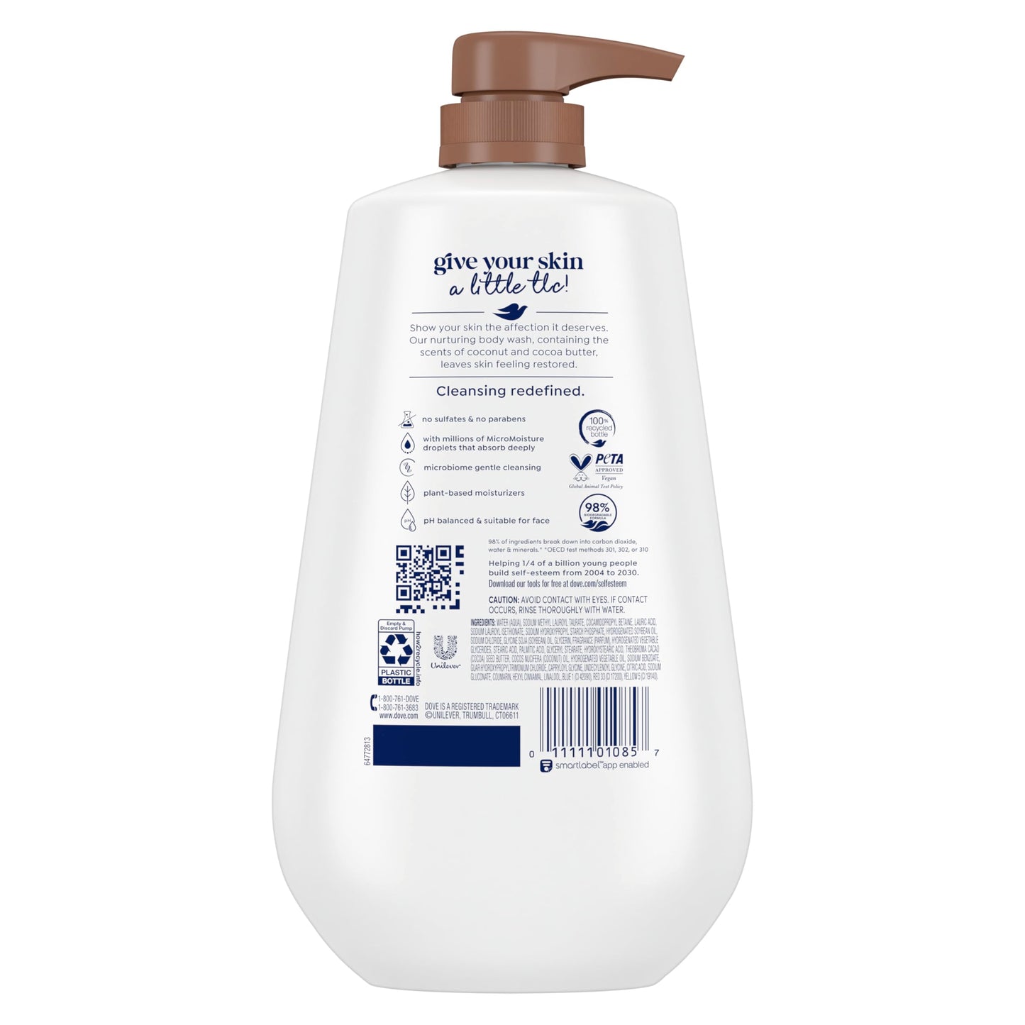 Dove Body Wash with Pump Restore Coconut & Cocoa Butter for 24hr Lotion-Soft Skin Moisturizing Skin Cleanser with No Sulfates No Parabens 30.6 Oz (Pack of 3)