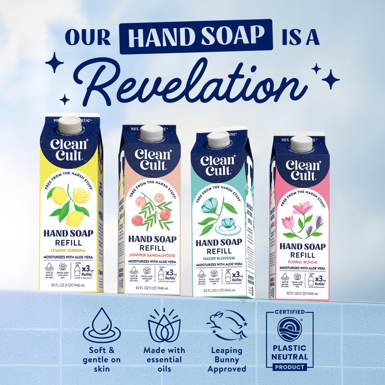 Cleancult Liquid Hand Soap Refill - Fresh Basil - Moisturizes Dry & Sensitive Skin - Made with Aloe Vera & Essential Oils - Eco Friendly - Paper-Based Packaging - 32 oz/2 Pack