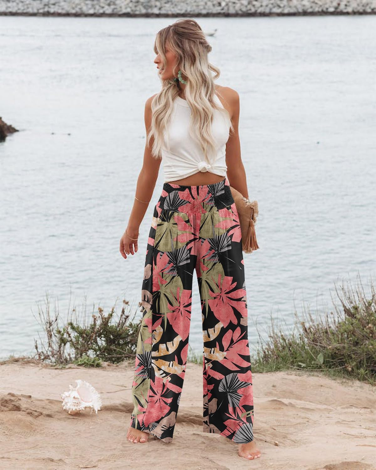 Angerella Womens Smocked Elastic Waisted Palazzo Pants Casual Wide Leg Floral Printed Long Lounge Pant Trousers with Pocket BlackCoral M