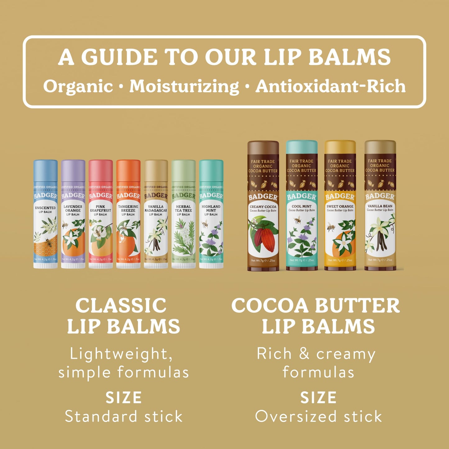 Badger Vanilla Madagascar Classic Lip Balm, 100% Organic Lip Balm, Long Lasting Lip Care w/Light Silky Texture, Comforting & Relaxing, 4 Pack