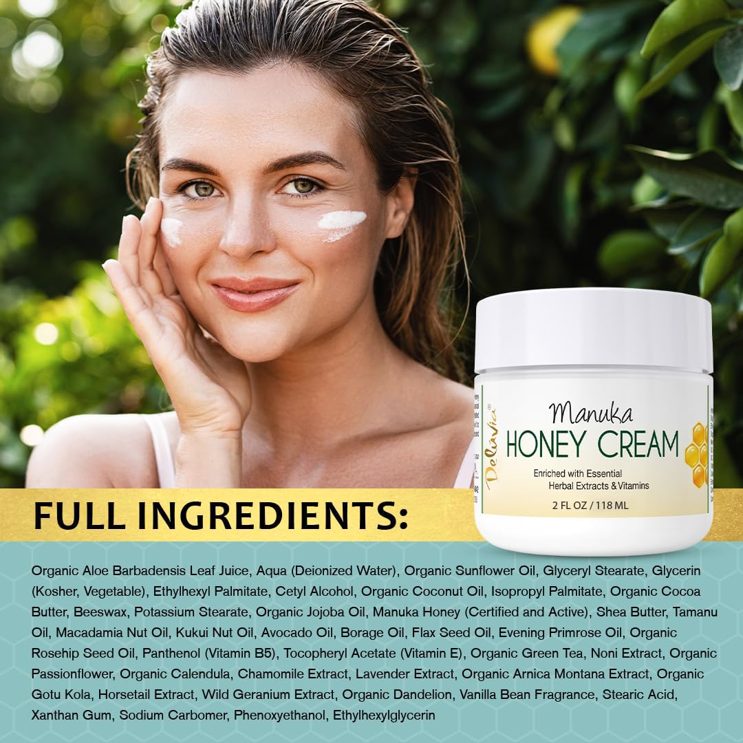Deluvia Manuka Honey Cream | Hydrating, Soothing for Dry Skin | for Sensitive Skin, Eczema, Psoriasis & Dermatitis - 2 oz Compact Travel Size