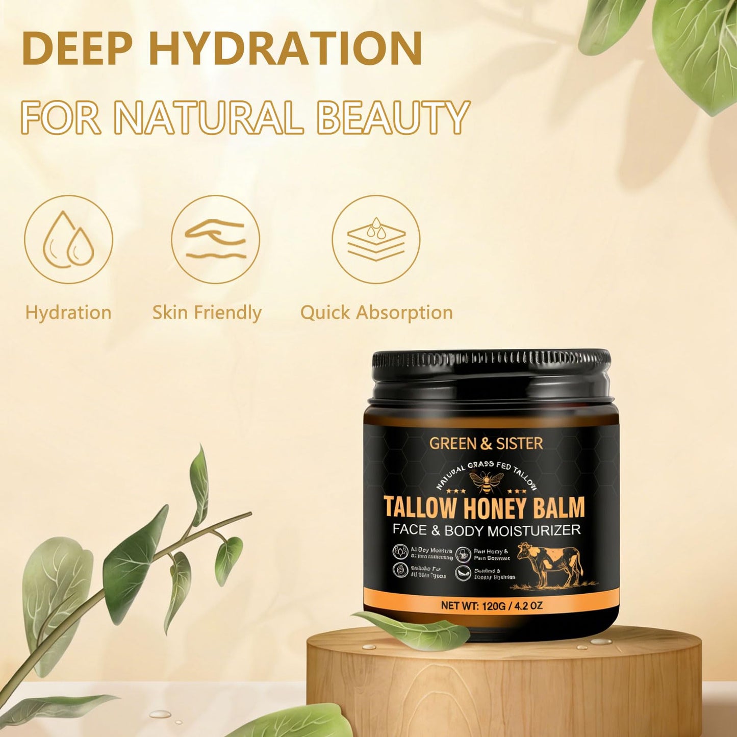 Beef Tallow for Skin & Face – Tallow Balm with Raw Honey & Beeswax, 3-Ingredient Protective Barrier Moisturizer for Eczema, Sensitive & Dry Skin – Grass-Fed, Non-Comedogenic, Fragrance-Free – 4.2 Oz