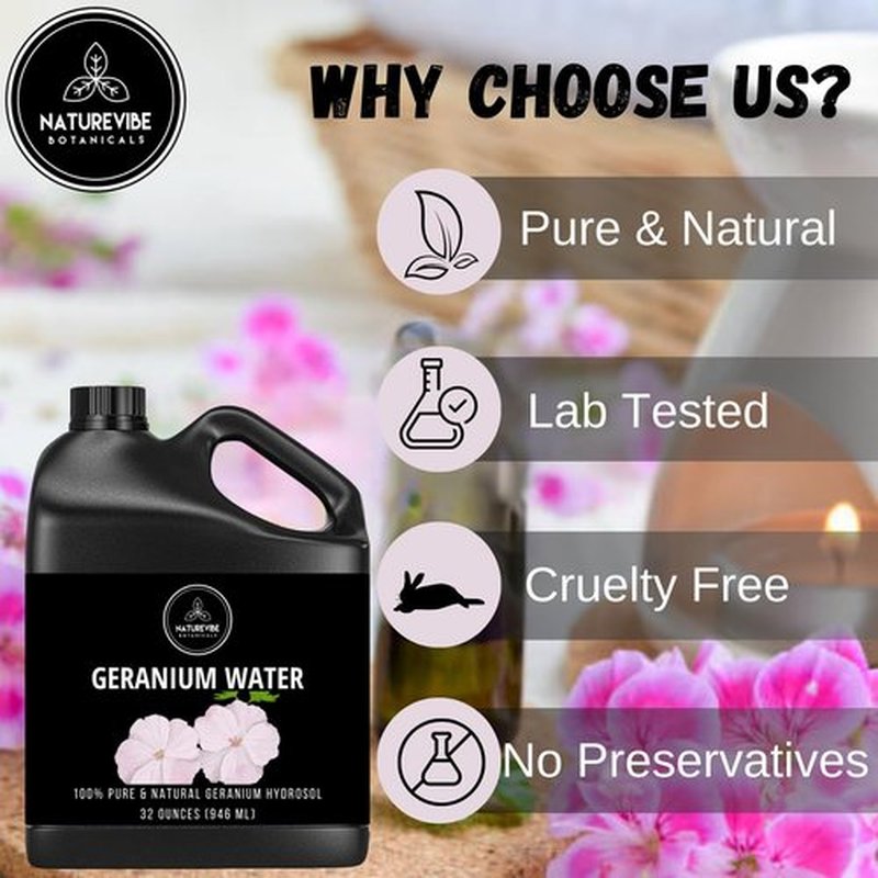 Naturevibe Botanicals Geranium Water 32 Ounces | 100% Pure and Natural | Great for Skin Care and Hair Care