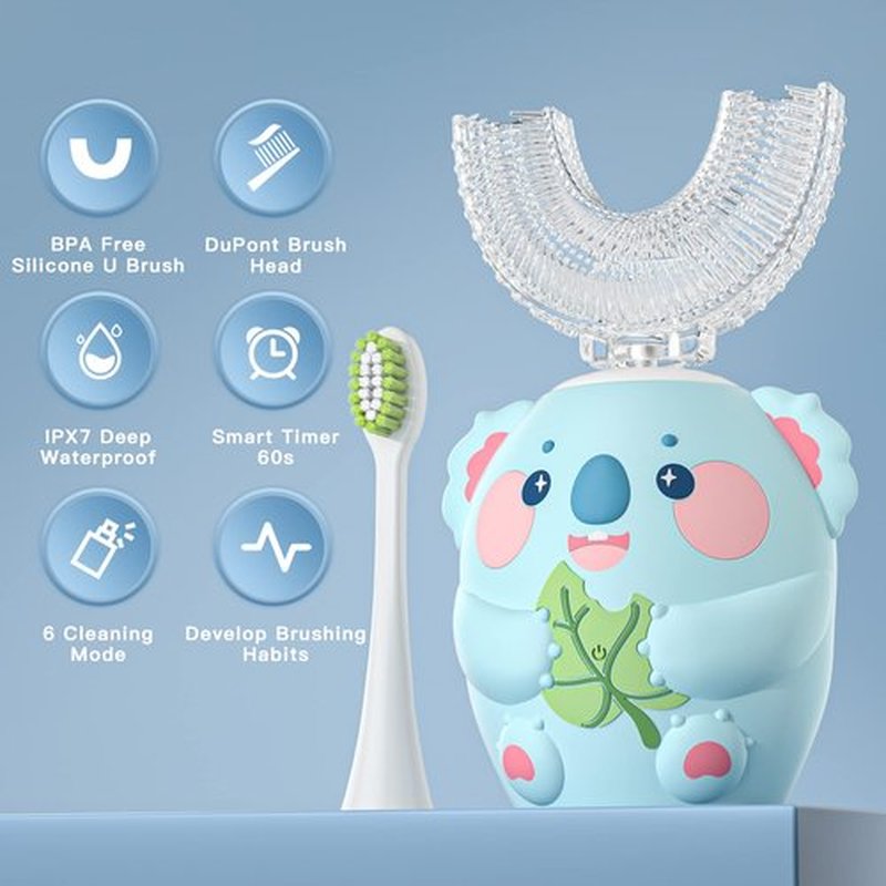 ELOTAME Cartoon Kids U Shaped Electric Toothbrush with 4 Brush Heads,Full Mouth 360-Degree Cleaning Sonic Automatic Toothbrush with IPX7 Waterproof (2-7 Age Blue with Cup)