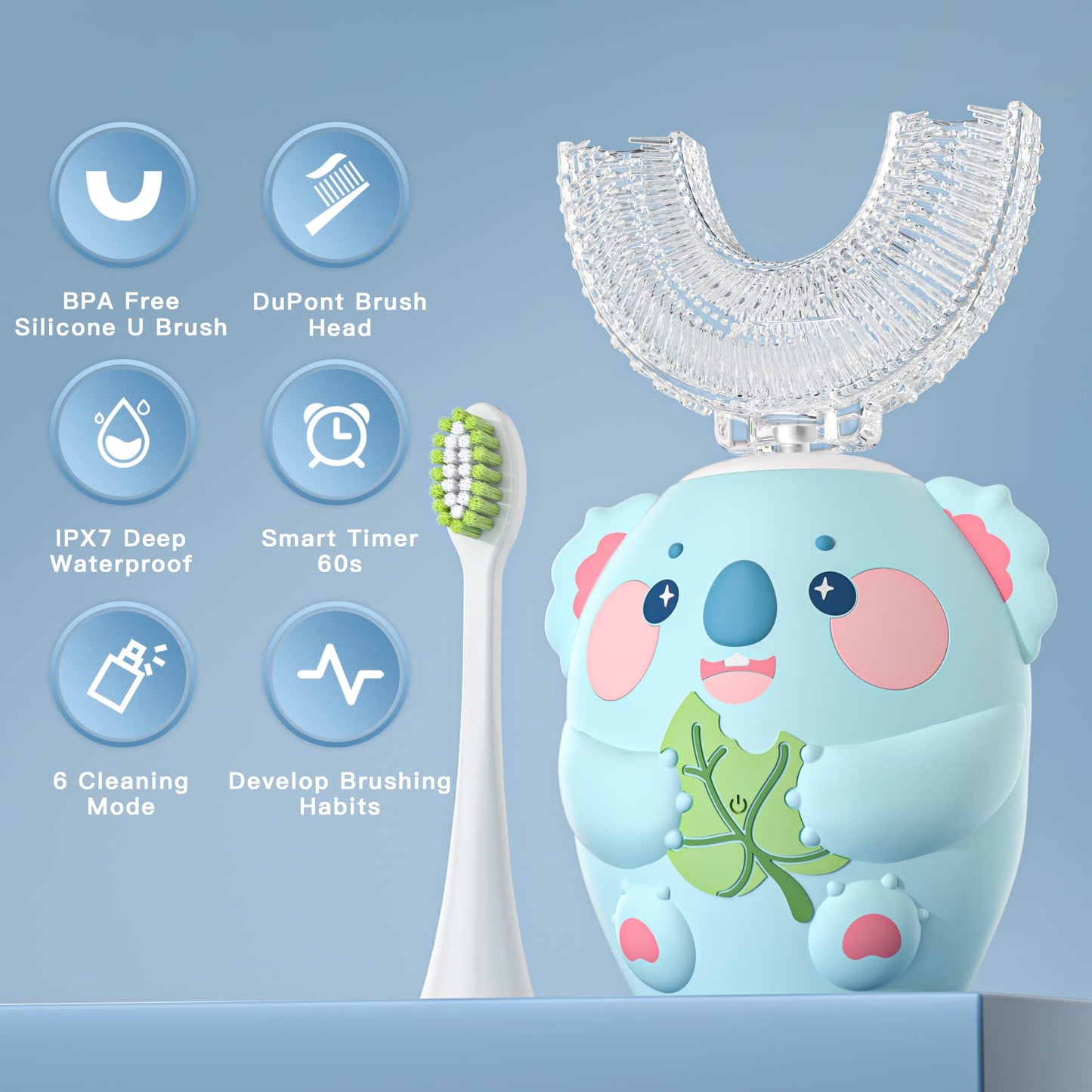 ELOTAME Cartoon Kids U Shaped Electric Toothbrush with 4 Brush Heads,Full Mouth 360-Degree Cleaning Sonic Automatic Toothbrush with IPX7 Waterproof (8-15 Age Blue Koala witht Cup)