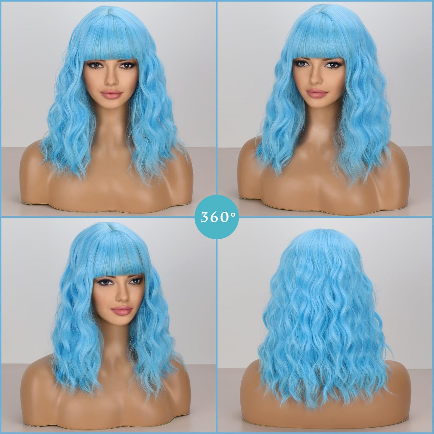 LINGHANG Short Blue Wavy Bob Wigs with Bangs for Women Loose Light Blue Wig Synthetic Shoulder Length Cosplay Wig for Girl Colorful Costume Wigs